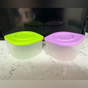 Tupperware Fresh 'N Cool containers with lime green and purple seals.